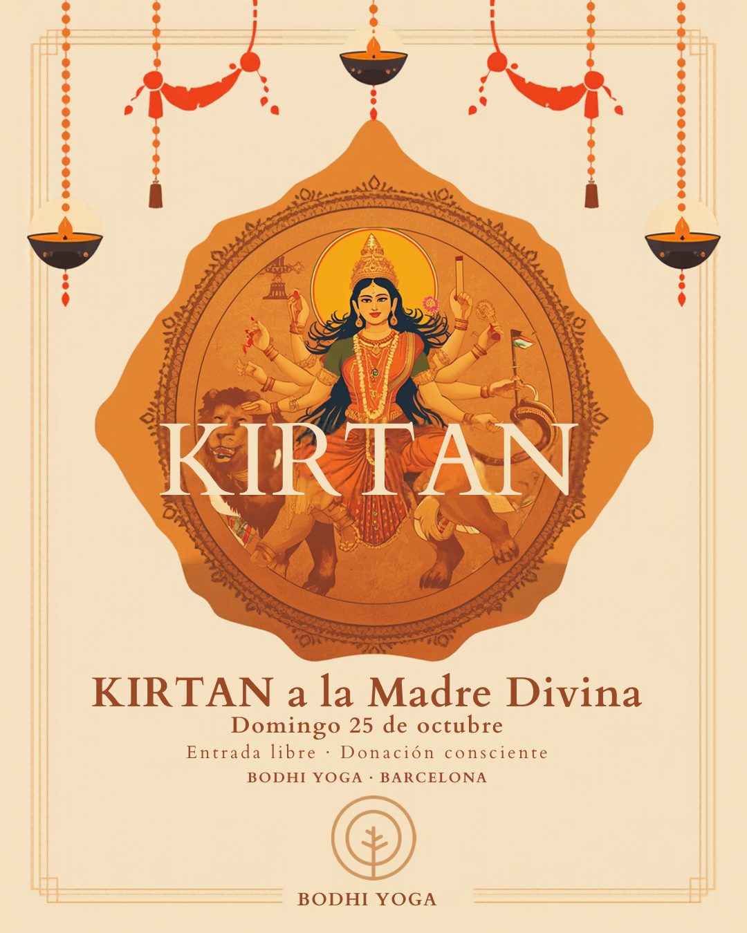 Cartel: Kirtan a la Madre Divina, domingo 25 de octubre, entrada libre, donación consciente, Bodhi Yoga Barcelona