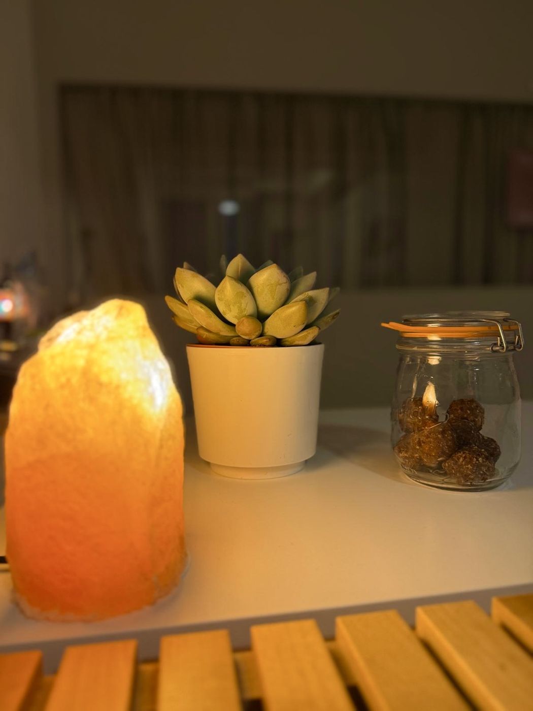 Lámpara de sal encendida junto a una planta en el estudio
